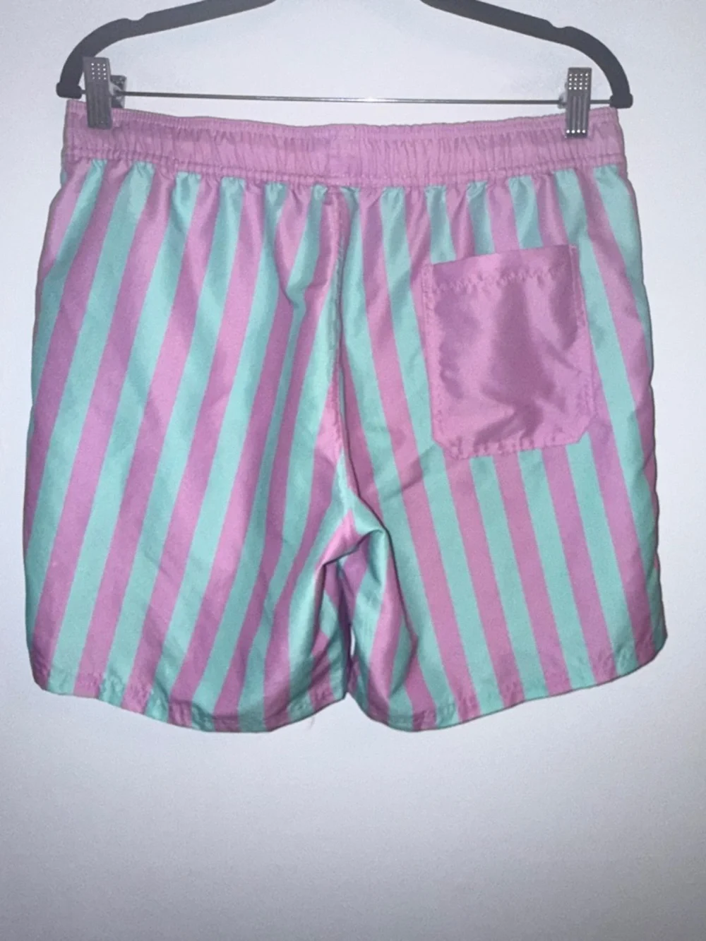 MAD Engine Men’s Swim Trunks Medium Pink Mint Stripe Retro Beach Shorts Lined